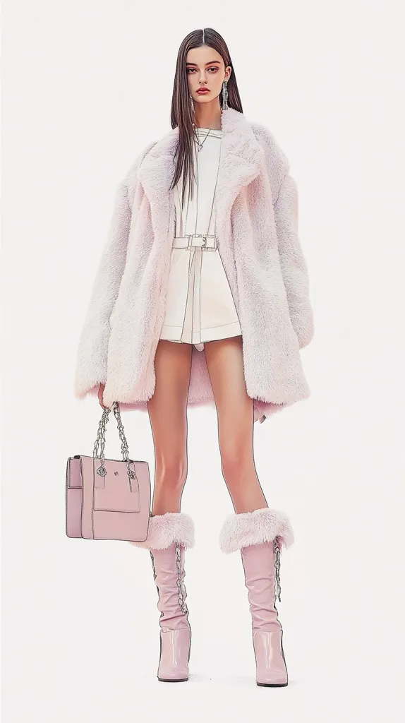 A young woman with long dark hair is wearing a pink fluffy coat, a white mini skirt, and pink fur-trimmed boots. She has a small pink handbag with silver chains. Her earrings are silver and dangle. She is looking straight ahead. The background is a simple white.