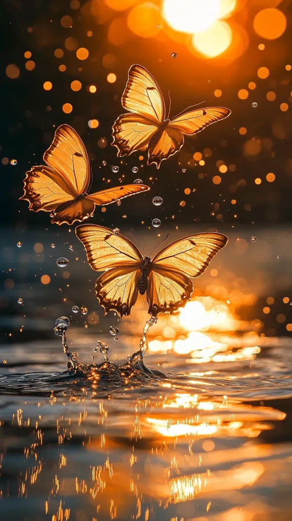 Three golden butterflies fly towards a setting sun, their wings catching the light. The butterflies are flying over a body of water, and the sun is reflecting on the water. The image is full of warm colors and light. The butterflies are a symbol of beauty, freedom, and transformation. The image is a beautiful and serene scene, and it is sure to inspire feelings of peace and tranquility.
