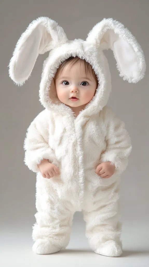 A baby is wearing a fluffy white bunny costume.  The baby is looking directly at the camera with big brown eyes and a sweet expression.  The costume has large floppy ears, and the baby is standing on a light gray background. The baby's  feet are covered by the costume, making it look like the baby is wearing white bunny slippers.  The image is soft and whimsical.