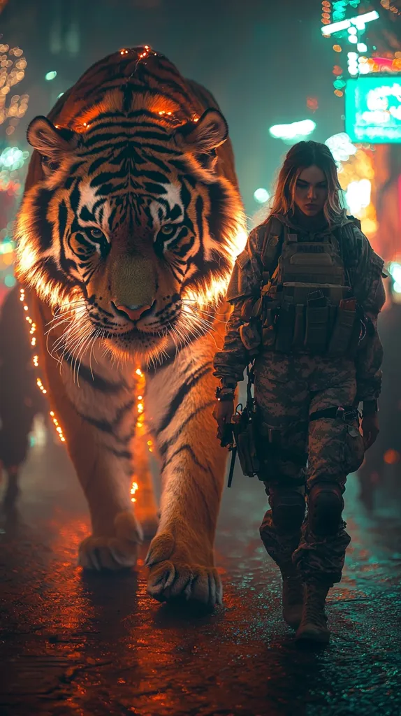 A large tiger, adorned with glowing lights, walks through a city street at night. A woman in military fatigues follows closely behind the tiger, her face determined.  The scene is lit by neon signs, creating a surreal and slightly menacing atmosphere.  The tiger's gaze is fixed forward, while the woman's eyes are focused on something in the distance.  The image suggests a sense of power, danger, and an impending confrontation.