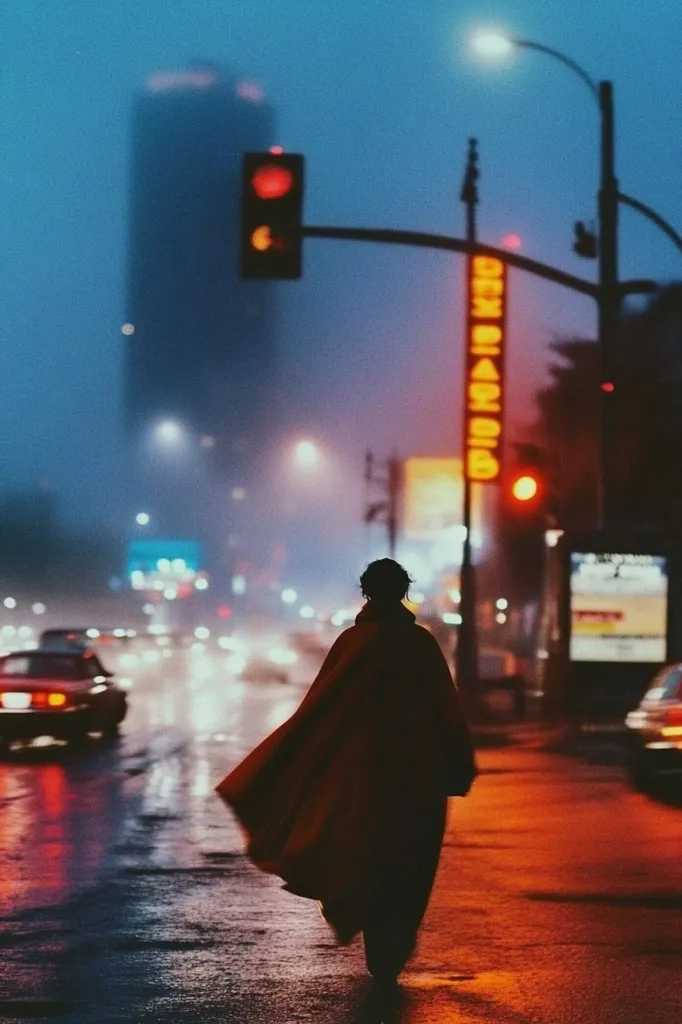 A solitary figure walks down a city street at night, shrouded in a long coat. The street is wet from rain, reflecting the warm glow of streetlights and neon signs. The background is blurred, creating a sense of mystery and isolation. The scene is bathed in a soft, blue light, making it feel both ethereal and melancholic.