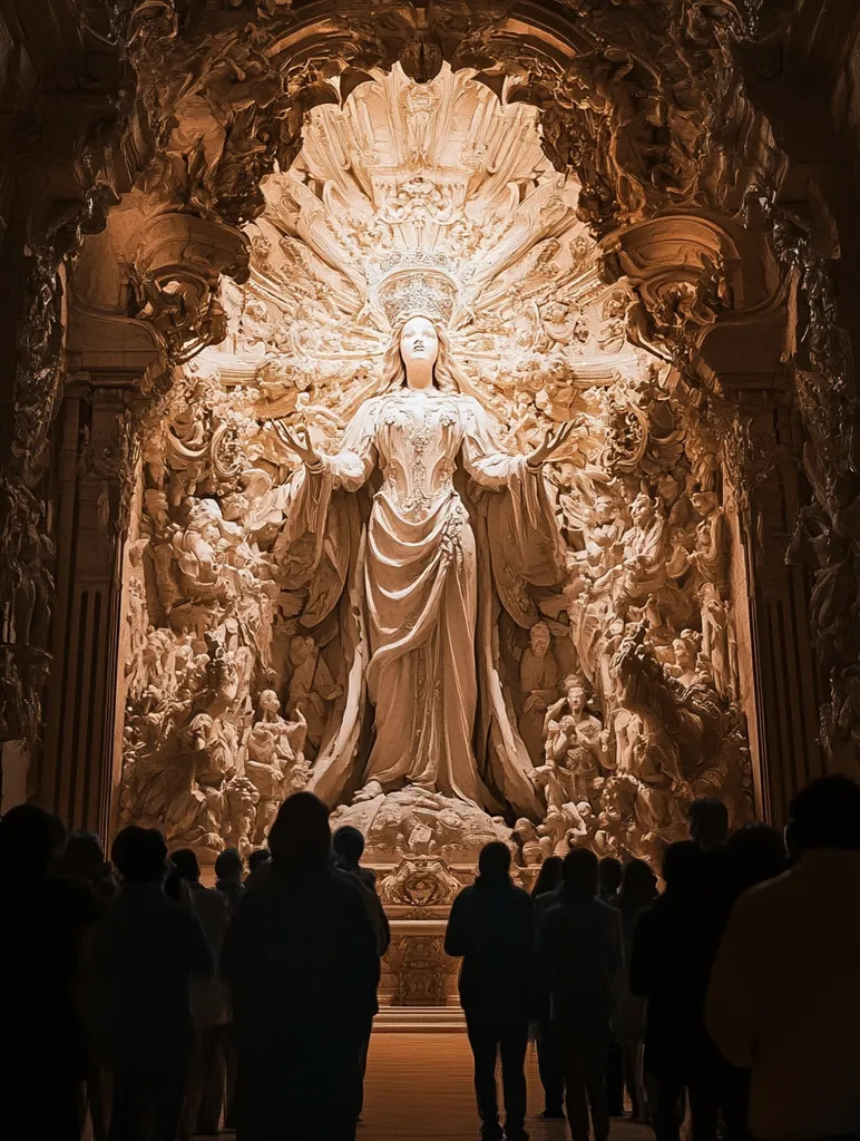 A large statue of the Virgin Mary stands in a church, bathed in warm light. The intricate details of the sculpture and surrounding architecture create a sense of reverence. A group of people stand in the shadows, gazing up at the statue in awe. The image evokes a sense of spirituality and the power of faith.