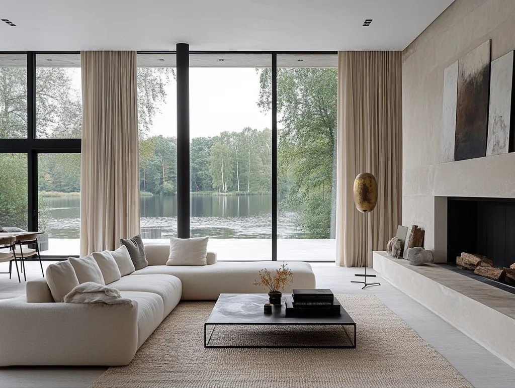 The image shows a modern living room with a large sectional sofa and a coffee table. The room has large windows that offer a view of a lake and trees.  The walls are beige and the floor is a light grey.  There is a fireplace on the right side of the room and a large lamp.  The room is decorated with minimalist furniture and a few plants. The overall style is sleek and modern.