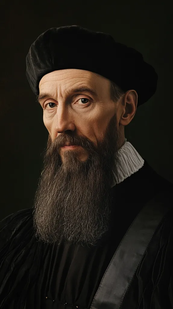 A man with a long grey beard and a serious expression wears a black beret and a dark robe with a white collar. He looks directly at the viewer with intense eyes. The background is a dark, plain surface.  He appears to be a historical figure or a portrait subject.