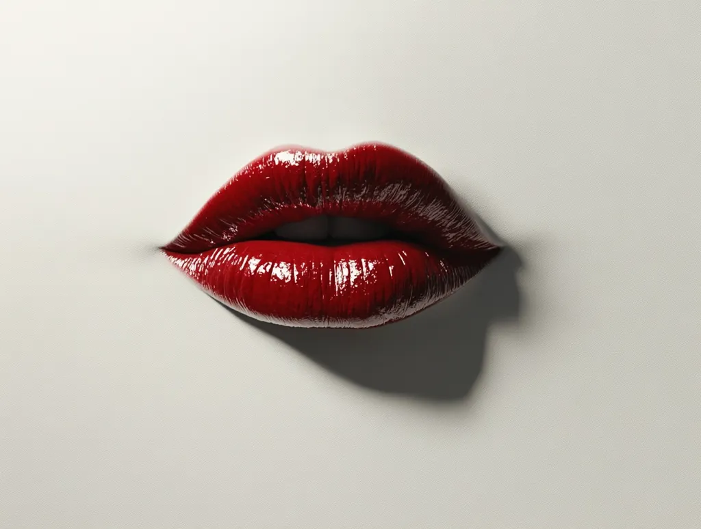 A pair of full, luscious lips are painted in a vibrant red lipstick. The lips are the focal point of the image, standing out against a plain white background. The smooth, shiny texture of the lipstick creates a glossy finish. The image highlights the beauty and sensuality of lips.