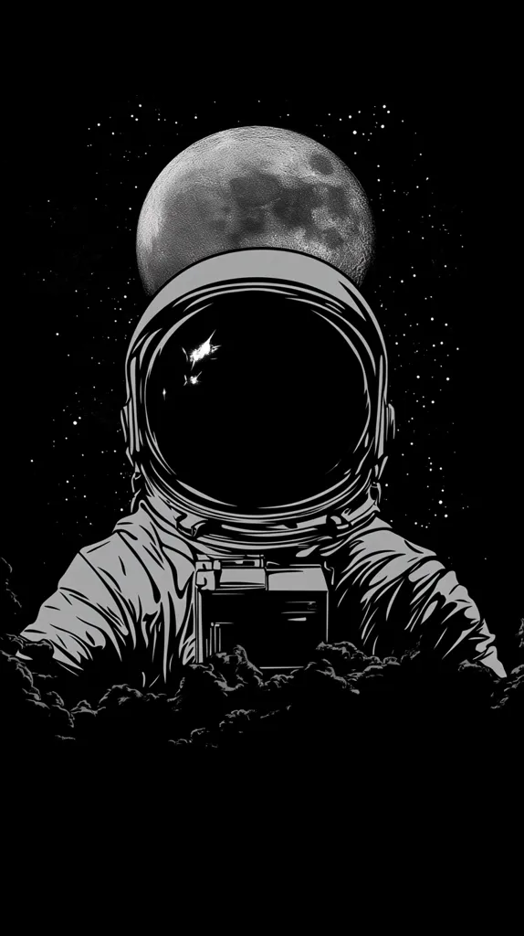 The image depicts an astronaut in a dark, starry sky. The astronaut is wearing a spacesuit with a helmet, and the moon is in the background. The image is drawn in black and white, creating a sense of mystery and wonder. The astronaut's helmet is reflecting the light of the moon, which gives the image a haunting beauty. The stars in the background are scattered and small, suggesting a vast and empty space. The image is a powerful reminder of the vastness and mystery of the universe.