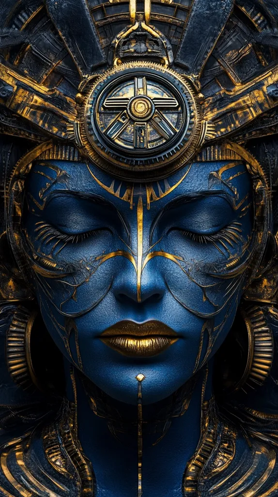 A woman with blue skin and gold accents around her eyes and lips stares intensely with her eyes closed. Her face is framed by a golden headdress with intricate details and a large circular object in the center. She wears a necklace and earrings that are also adorned with intricate golden designs. The background is a dark blue and gray with metallic and textured surfaces.