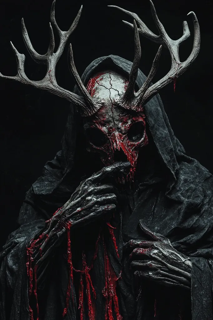 A figure cloaked in black, with a skeletal deer skull mask, stands in a dark setting. Blood drips from the mask and the figure's hands, adding to the eerie atmosphere.  The creature's eyes are visible, staring out from behind the mask. The overall image is unsettling, evoking a sense of darkness and horror.