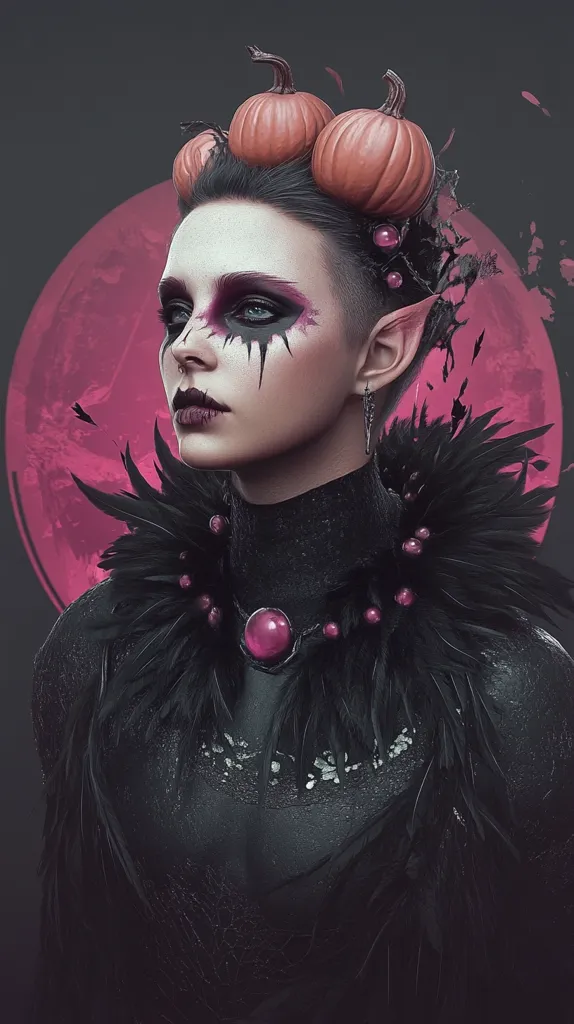 A woman with pale skin and dramatic makeup wears a crown of three pumpkins and a large black feathered collar.  Her eyes are heavily lined in black, with a single tear running down her cheek.  She stares thoughtfully off to the side, against a backdrop of a pink and grey moon.  Her expression is serious and intense.