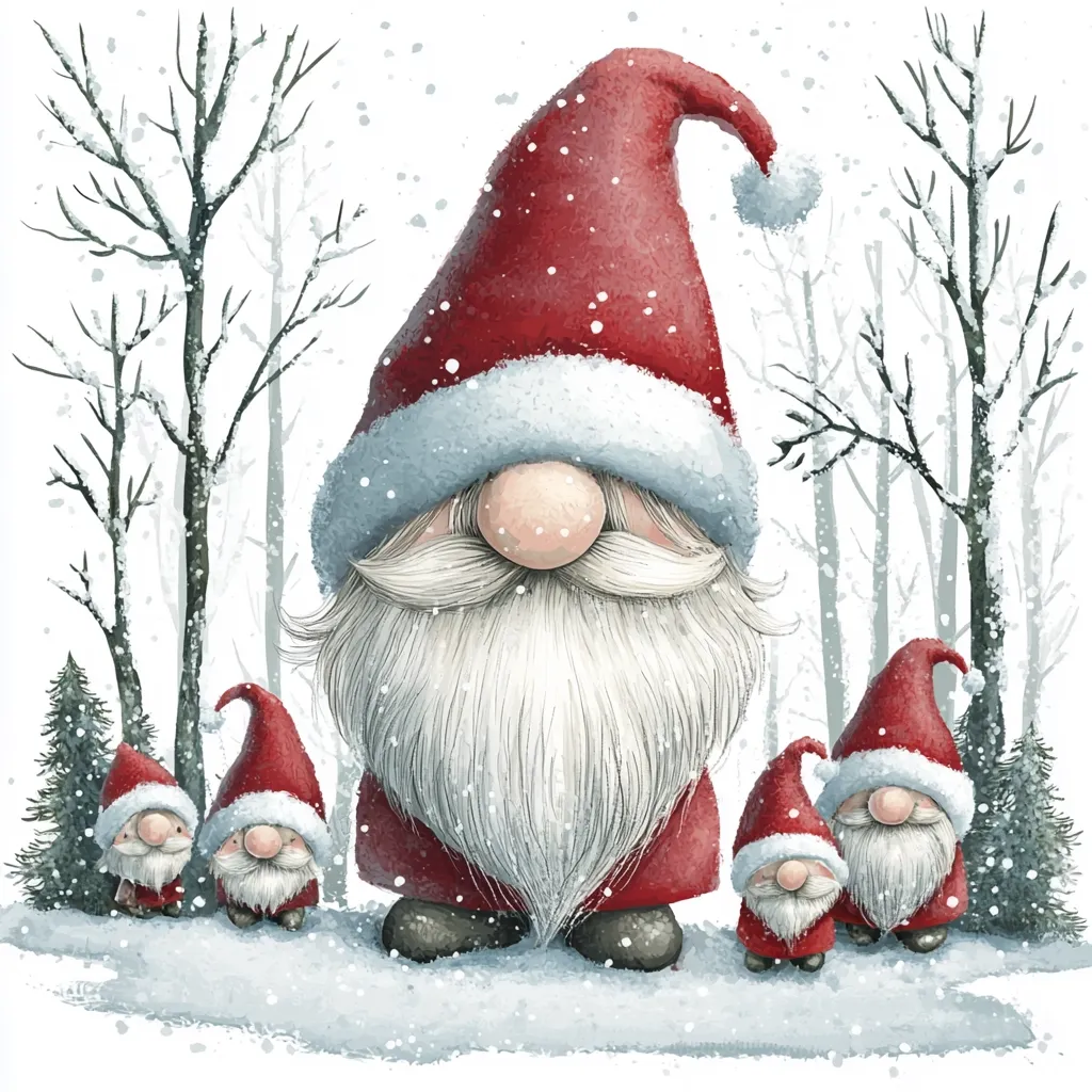 A large, jolly gnome in a red Santa hat stands in a snowy forest, smiling down at two smaller gnomes in red hats. The scene is painted in a whimsical watercolor style, with soft snow falling and creating a magical atmosphere. The large gnome has a long white beard and a warm, inviting expression.