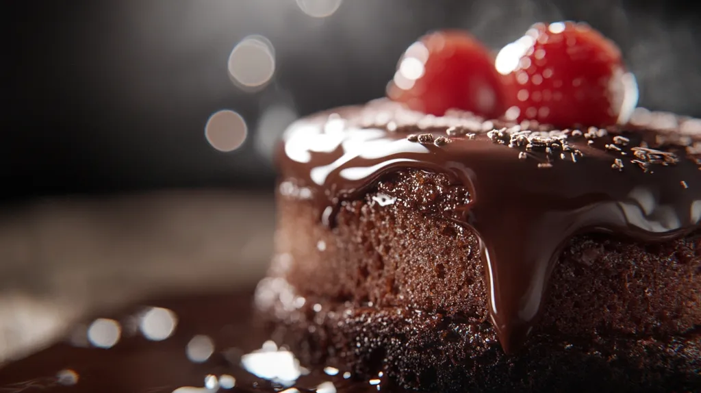 A close-up shot of a decadent chocolate cake with a rich, dark chocolate ganache topping. Two red berries sit on top of the cake, adding a touch of color and sweetness. The cake is surrounded by a pool of melted chocolate, creating a visually appealing and tempting scene. The blurred background and soft lighting add a sense of intimacy and indulgence to the image.