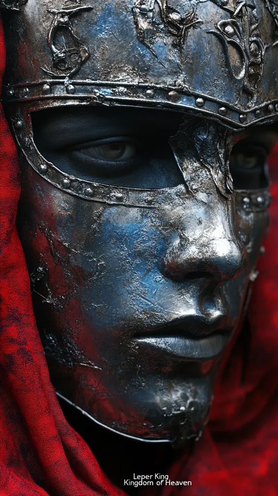 A person is wearing a metal mask that covers their entire face. The mask is decorated with intricate designs and has a worn, textured surface. Their eyes are visible through small openings in the mask, and their lips are closed. The person is partially obscured by a red fabric.  The image is dark and atmospheric.  The title "Leper King Kingdom of Heaven" suggests a religious or historical theme.