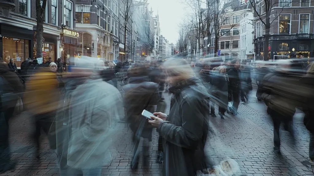 A crowded street in a European city is bustling with activity. People rush past each other, blurred by motion, creating a sense of energy and movement. One person, clearly visible, stands out as they check their phone, seemingly oblivious to the chaos around them.  The image captures the anonymity and fleeting nature of urban life.