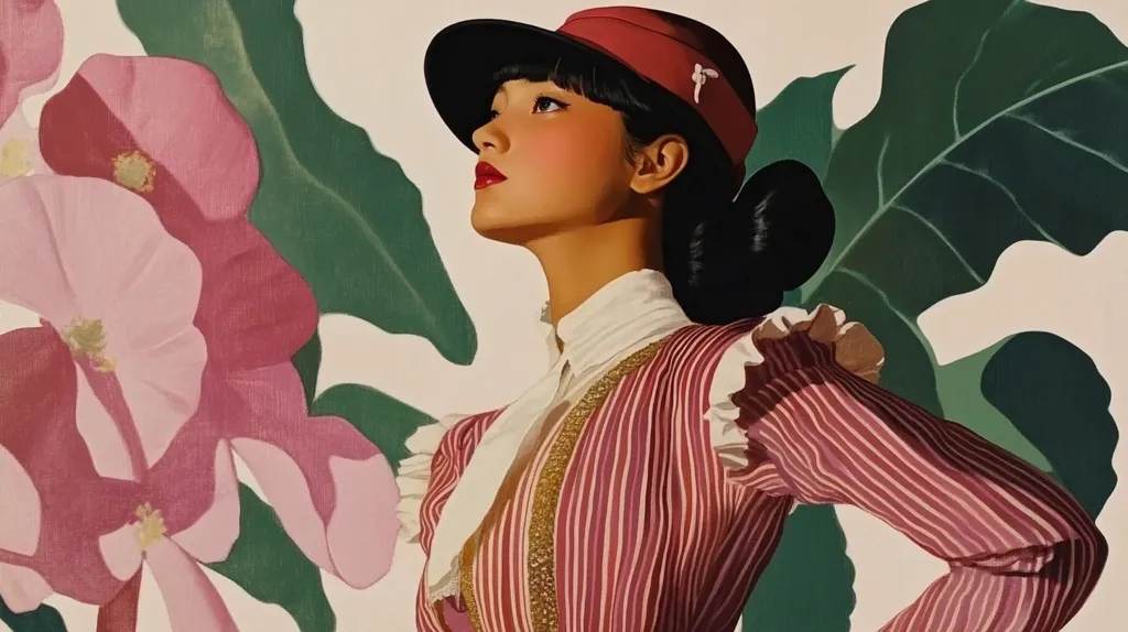 A woman with dark hair, wearing a red and white striped dress and a red hat, is looking upwards. She is positioned against a backdrop of large pink flowers and lush green leaves. Her expression is thoughtful, and her red lipstick adds a touch of vibrancy to the image. The overall composition is visually striking and evokes a sense of elegance and beauty.