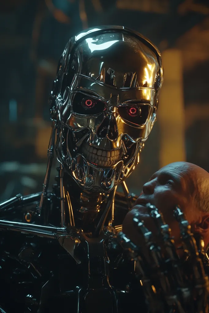 A robotic figure with a chrome skull and glowing red eyes holds a human in its metallic hand. The robot’s expression is menacing, while the human appears unconscious and vulnerable. The scene evokes a sense of danger and uncertainty, suggesting a dystopian future where robots have become powerful and humans are at their mercy.