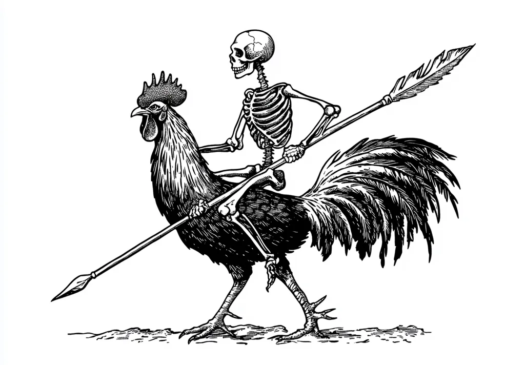 A black and white illustration of a skeleton riding a rooster. The skeleton is holding a spear with a feathered tip. The rooster is facing left, with its tail feathers spread out behind it. The skeleton is wearing a helmet and has a determined expression on its face. The image is a humorous depiction of death, with the skeleton riding a rooster as a symbol of power and authority.