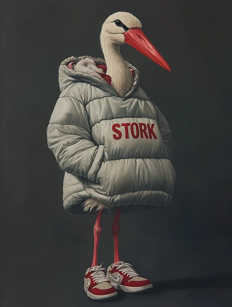 A white stork is wearing a grey puffer jacket with the word "STORK" written in red on the front. The stork is standing on two long, thin legs with red sneakers on. The background is a plain grey. The image is a humorous depiction of a bird dressed in human clothing.