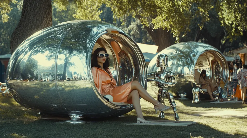 A woman wearing sunglasses and a peach dress sits in a large, silver, egg-shaped chair. Another chair similar to it sits nearby. A silver robot stands between them. The scene is set outdoors with trees in the background and green grass in the foreground.  The chair and robot reflect the surrounding scenery.