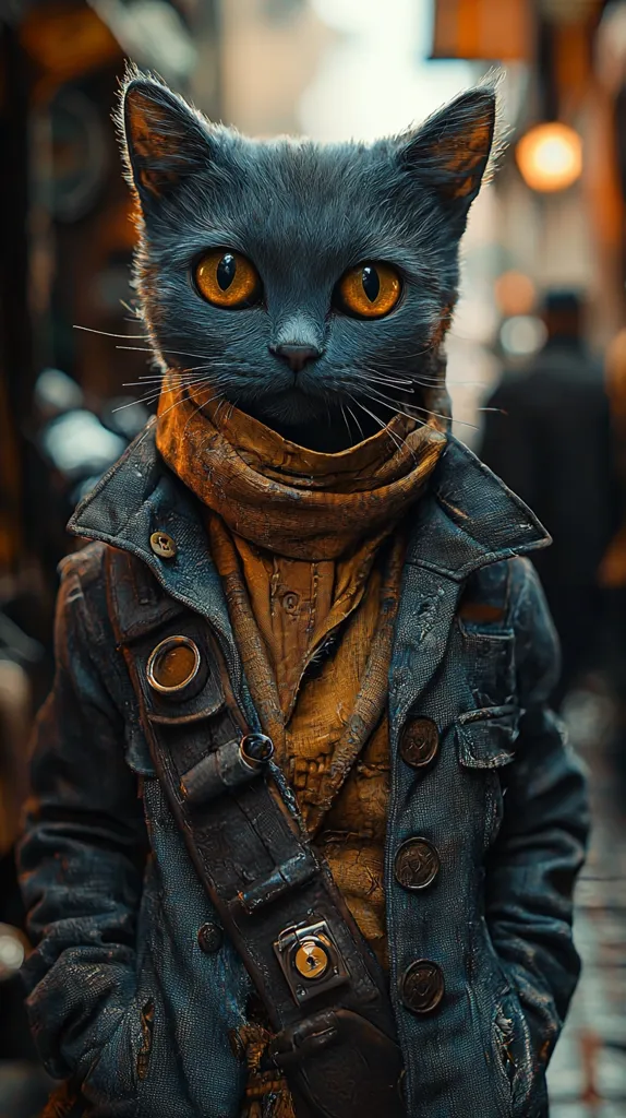 A black cat with bright yellow eyes is dressed in a blue jacket with a brown scarf and a leather strap. The cat is standing in a dimly lit alleyway with the background out of focus. The cat is looking straight at the camera with a serious expression. The image has a gritty and industrial feel.
