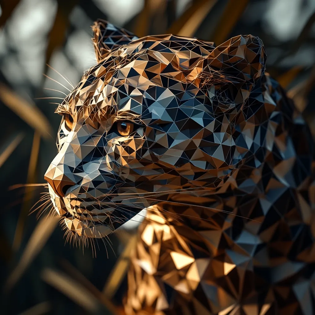 A close-up of a jaguar's head, rendered in a low-poly style, with a focus on the animal's eye. The geometric shapes create a unique, abstract interpretation of the jaguar's features, with the golden light highlighting the details. The background is blurred and features dark green foliage. The image is rendered in a realistic style, with sharp edges and detailed textures.