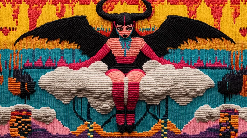 The image depicts a large, intricately woven tapestry featuring a female figure with horns, wings, and a long, flowing black wig. She is seated on a fluffy cloud, her legs crossed, and her gaze directed straight ahead. The tapestry is a vibrant mix of colors, including bright orange, pink, yellow, blue, and black.  The overall impression is one of bold, imaginative artistry with a slightly gothic undertone.  The textured woven style adds to the overall unique aesthetic.