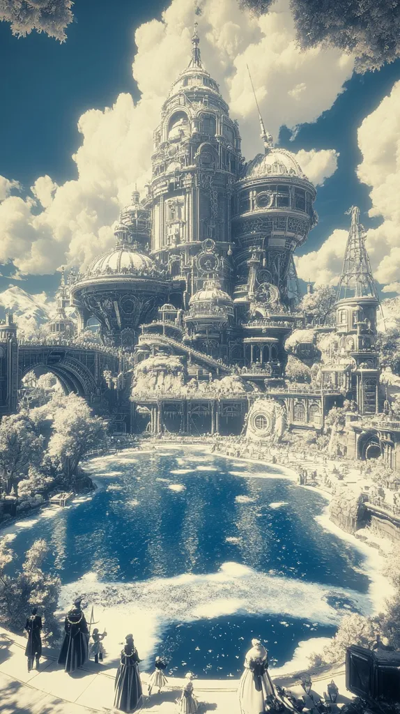 An elaborate, steampunk-inspired castle with intricate details and a grand facade, stands tall against a cloudy sky. The castle is nestled amongst lush greenery, and surrounded by a tranquil blue lake. The image has a surreal, dreamlike quality, with its muted colors and ethereal atmosphere.