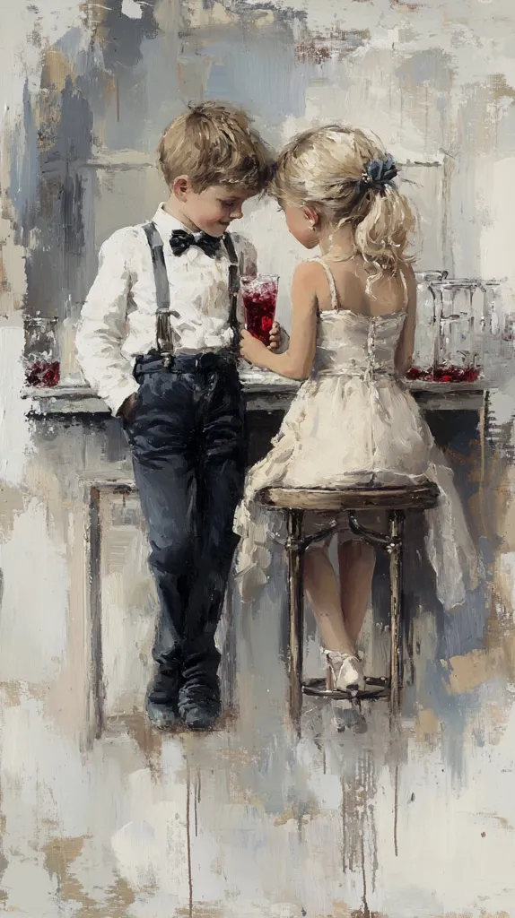 A young boy and girl are pictured at a bar. The boy is dressed in a white button-down shirt, black pants, and a bow tie. He is holding a red glass. The girl is wearing a white dress and has her hair pulled back in a ponytail. She is sitting on a barstool and also has a red drink. The painting is done in a painterly style with lots of brushstrokes. The background is a blur of white and gray.