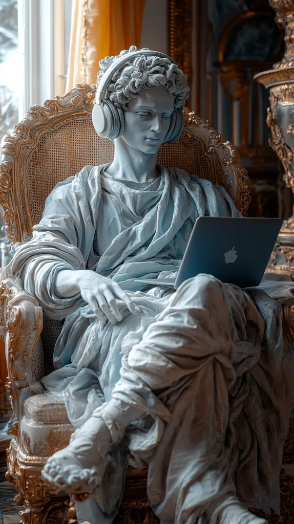 A marble statue of a man wearing headphones and holding a laptop sits in a regal, golden chair. The man is dressed in flowing robes, and the chair is ornately carved.  The statue is set in a room with ornate decorations and a window in the background. The image is a playful juxtaposition of classical and modern styles, with the statue appearing to be enjoying contemporary technology.