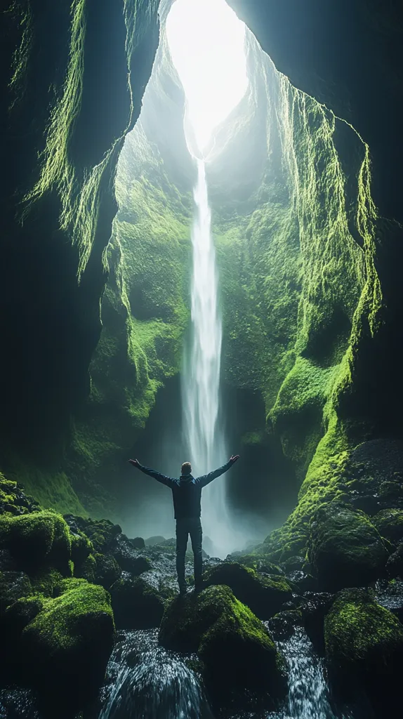 A man stands with arms outstretched, facing a cascading waterfall in a verdant, moss-covered canyon. Sunlight streams in from above, illuminating the misty spray of the water and highlighting the lush greenery. The scene evokes a sense of wonder and tranquility, with the man dwarfed by the scale of the natural landscape.  The image is a testament to the beauty and power of nature.