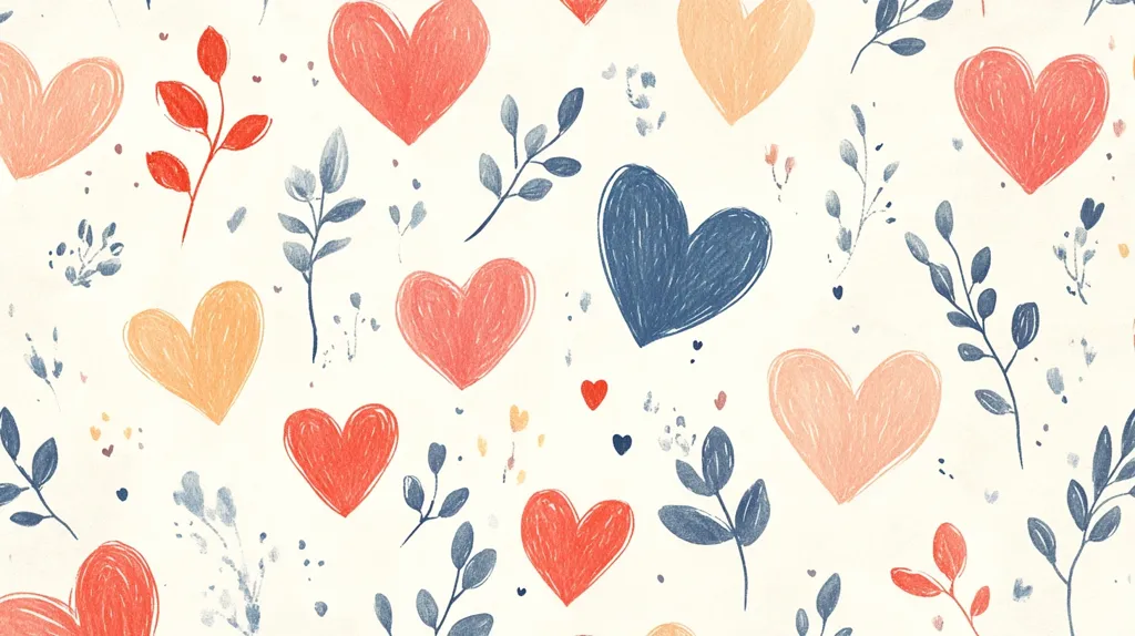 The image is a seamless pattern of hearts and leaves. The hearts are in shades of pink, red, and blue, while the leaves are in shades of blue. The background is a light cream color. The pattern is simple and elegant, and it would be perfect for a variety of uses, such as wrapping paper, fabric, or wallpaper.