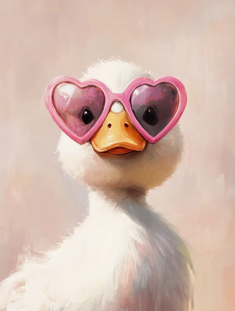 The image is a close-up portrait of a white duck wearing pink heart-shaped sunglasses. The duck is looking directly at the viewer with a playful expression. The background is a soft, pale pink. The image is painted in a realistic style, with soft, painterly brushstrokes. The duck's feathers are fluffy and white, and the sunglasses are shiny and bright. The image conveys a sense of whimsy and playfulness.