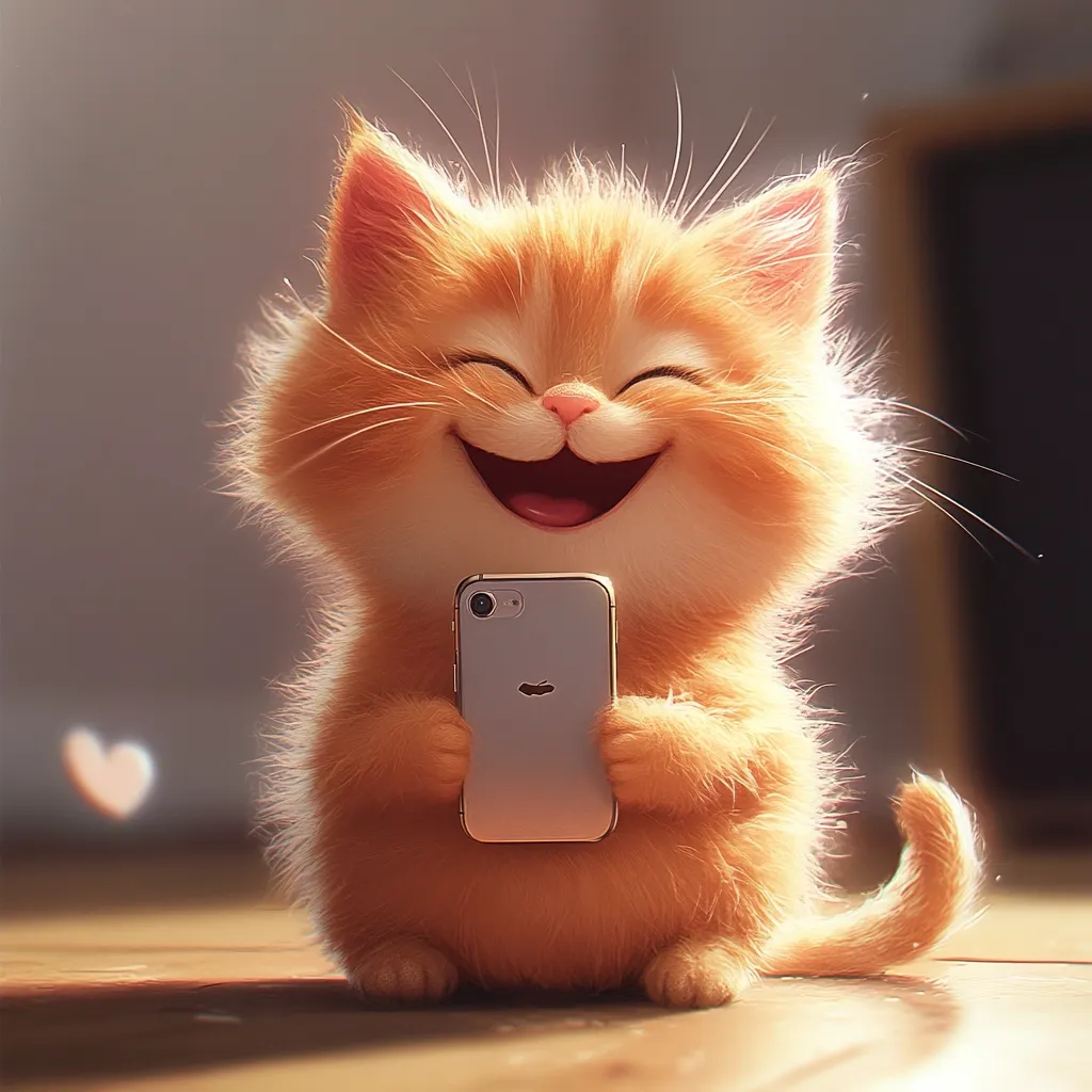 A cute, cartoon-style orange cat with big, bright eyes is holding a smartphone in its paws. The cat is smiling with its mouth open and a joyful expression on its face. The cat is sitting on a wooden floor with a soft, white heart floating in the background. The image is bright and cheerful, with soft lighting that creates a warm and inviting atmosphere.  The cat's fur is fluffy and detailed, making it appear incredibly cuddly.