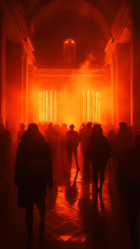 A crowd of people stand in a dimly lit hall, illuminated by an orange glow. The light casts long shadows on the tiled floor, creating a sense of mystery. The figures are obscured by the haze, creating a sense of anonymity. The arched ceiling and the vertical lines of light add to the dramatic atmosphere.