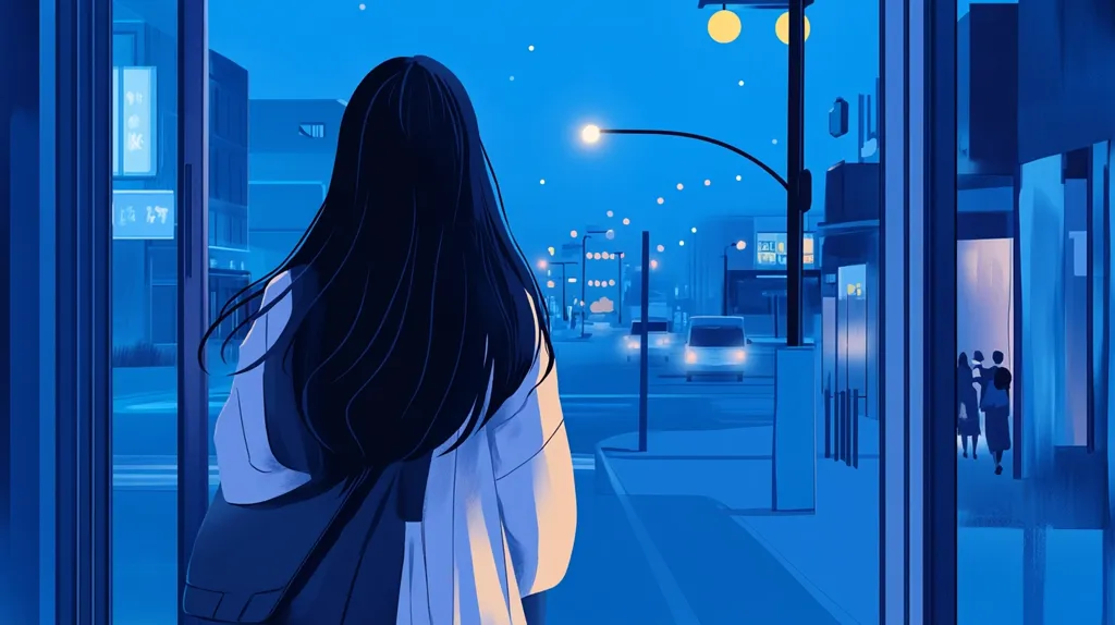 A lone girl with long black hair stands in a doorway, facing a street lined with buildings. The scene is bathed in a cool blue light, suggesting a late night setting. Streetlights illuminate the city, and cars pass by in the distance. The girl's back is to the viewer, and her expression is hidden. The overall mood is melancholic and introspective.