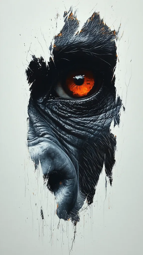 The image depicts a close-up of a gorilla's eye, with a bright orange iris staring directly at the viewer. The gorilla's fur is black and textured, and the image is set against a white background that is partially torn and ripped, with streaks of black paint dripping down. The overall effect is one of power and intensity.