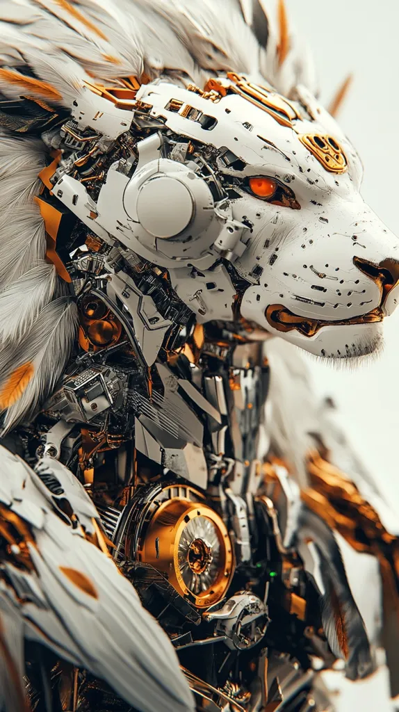The image shows a close-up of a robotic lion's head, made of intricate metal parts. The lion has a white, metallic head with gold accents. Its eyes are a bright orange, and its mane is a mix of white and orange feathers. The mechanical details of the robot are clearly visible, with gears, wires, and pipes exposed. The image has a futuristic and steampunk aesthetic.