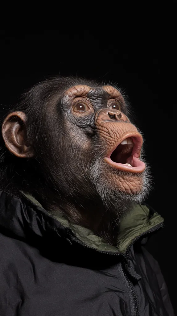 A chimpanzee wearing a black jacket with a green lining looks up with its mouth wide open. Its fur is dark and thick, and its eyes are large and brown. The background is black, which helps to highlight the chimpanzee's features. The chimpanzee's expression is one of surprise or excitement.
