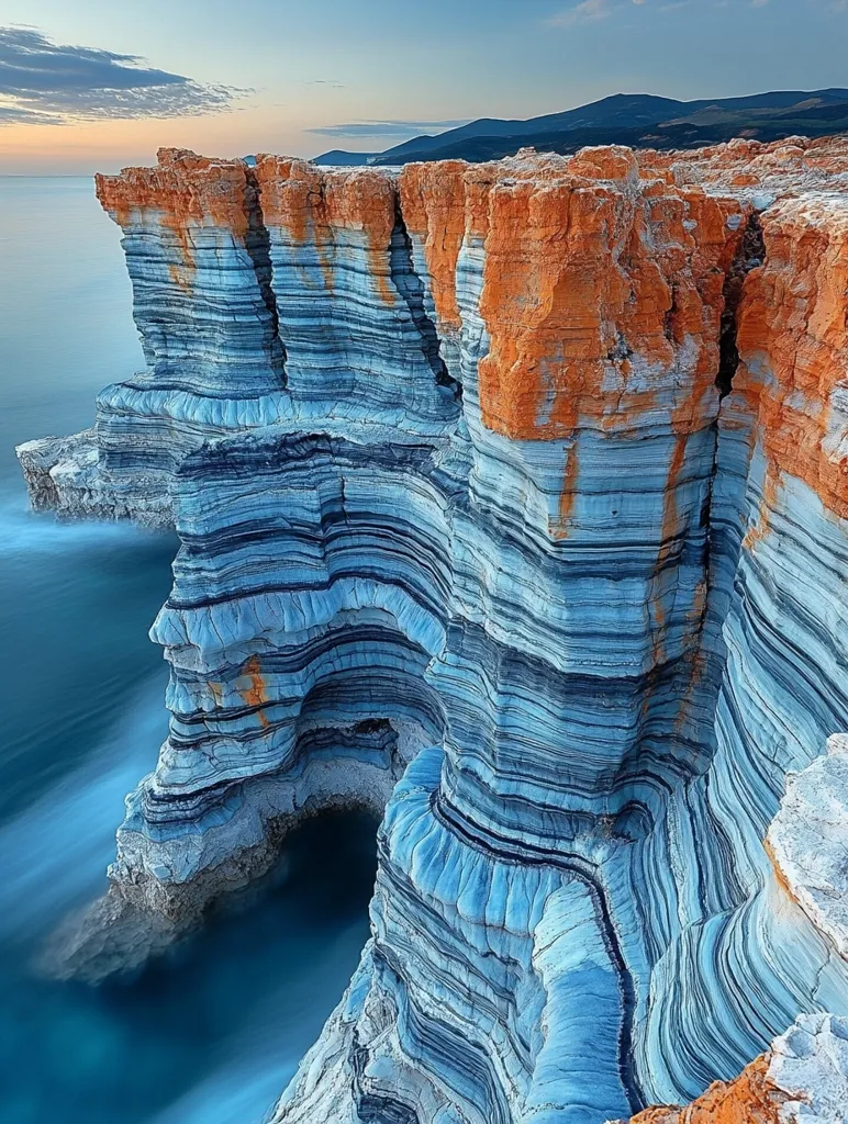 A towering cliff face, sculpted by time and the forces of nature, stands majestically against a clear blue sky. Its surface is a mesmerizing tapestry of horizontal layers, painted in vibrant hues of blue and orange, showcasing the artistry of geological processes. The cliff's sheer height and intricate layering evoke a sense of awe and wonder, highlighting the profound power of nature to shape the world around us. The turquoise waters below gently lap against the cliff's base, adding to the scene's serene beauty.