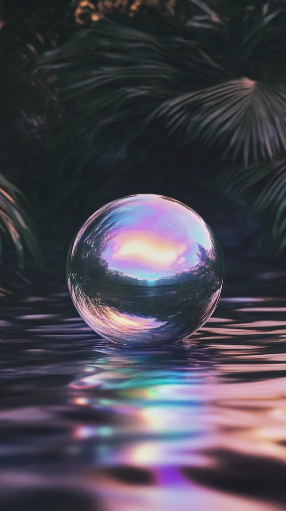 A large, iridescent sphere sits on the surface of a still body of water. The sphere is reflecting the surrounding environment, including a lush, green forest and a vibrant sunset sky. The water reflects the sphere's colorful hues, creating an abstract and dreamlike scene.  The image evokes a sense of serenity and wonder, inviting the viewer to explore the beauty of the natural world.