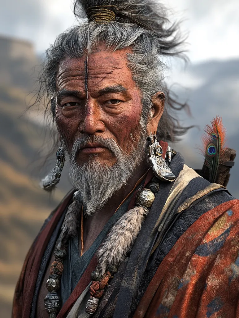 An older man with long gray hair tied up in a ponytail, wears a dark blue and red robe with fur and bead necklaces. He has a long white beard, piercing eyes, and a stern expression. A large, ornate earring hangs from his right ear. The background is blurred, showing a mountain range. The man looks weathered and wise.