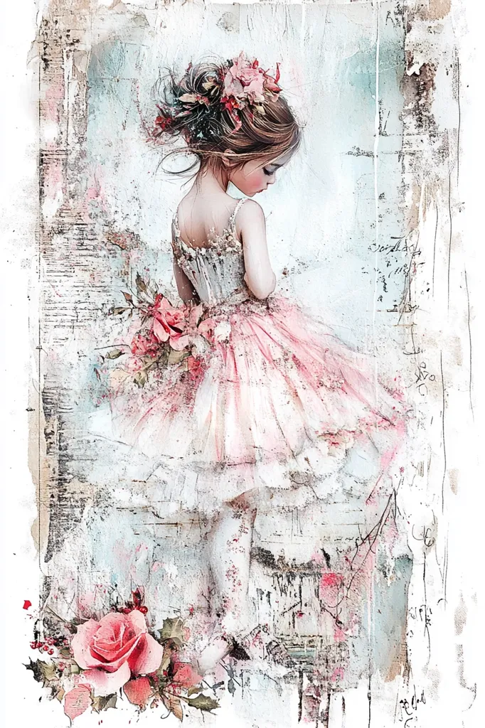 A young girl with long brown hair and a pink dress stands with her head down, her expression wistful. She is adorned with a floral crown and her dress is flowing around her. The background is a light, textured abstract with faint brushstrokes. The image has a dreamy and ethereal quality.