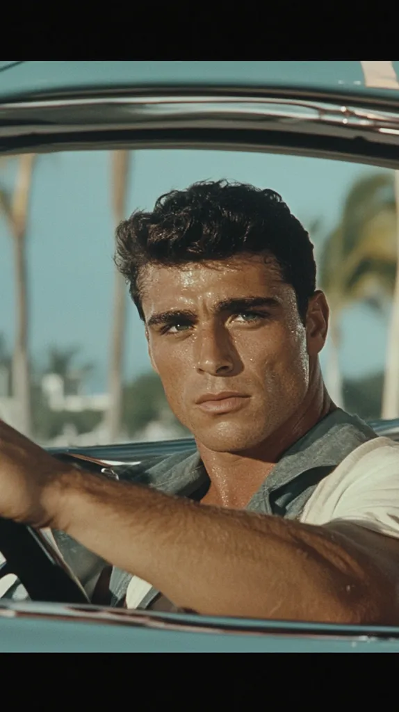A young man with dark hair and a light beard is driving a car. He is wearing a white t-shirt and a light blue button-down shirt. He is looking at the camera. The car window is rolled down and the palm trees in the background are slightly out of focus. The man looks intense and focused. He is likely on his way to a destination that is important to him.