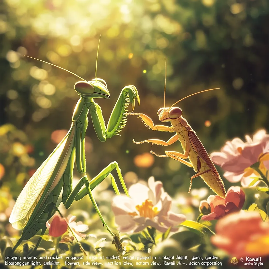 A green praying mantis and a brown cricket are engaged in a playful fight in a garden. The mantis is holding onto the cricket's leg with its front legs, while the cricket tries to break free. They are surrounded by pink and white flowers, and the scene is bathed in sunlight. The image has a whimsical, kawaii style.