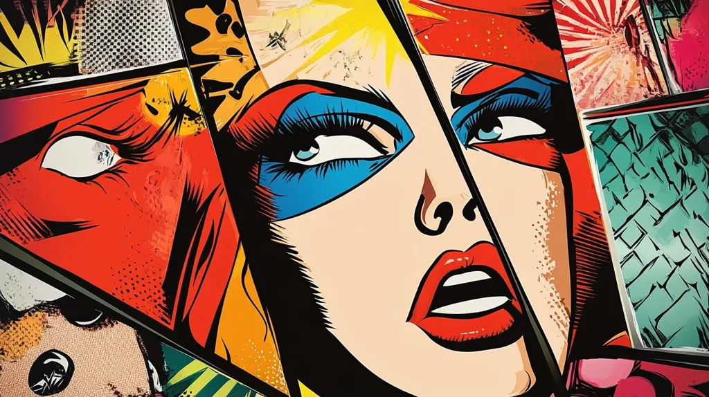 The image is a colorful comic book style artwork, featuring a woman with a surprised expression. Her face is split into different sections, each with a different color and pattern. The background is a jumble of shapes and colors, creating a chaotic and energetic feel. The bold lines and vibrant colors create a sense of dynamism and excitement.  The image evokes a sense of action and drama, typical of comic book art.