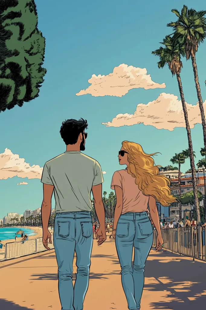A man and woman are walking along a boardwalk by the beach, with palm trees lining the shore. The man is wearing a light green t-shirt and blue jeans, while the woman is wearing a light pink t-shirt and blue jeans. They are walking side by side, with the man looking ahead and the woman looking over her shoulder. The sky is blue with fluffy white clouds. There are other people on the boardwalk, but they are blurred in the background. The scene is set in a sunny, coastal town.