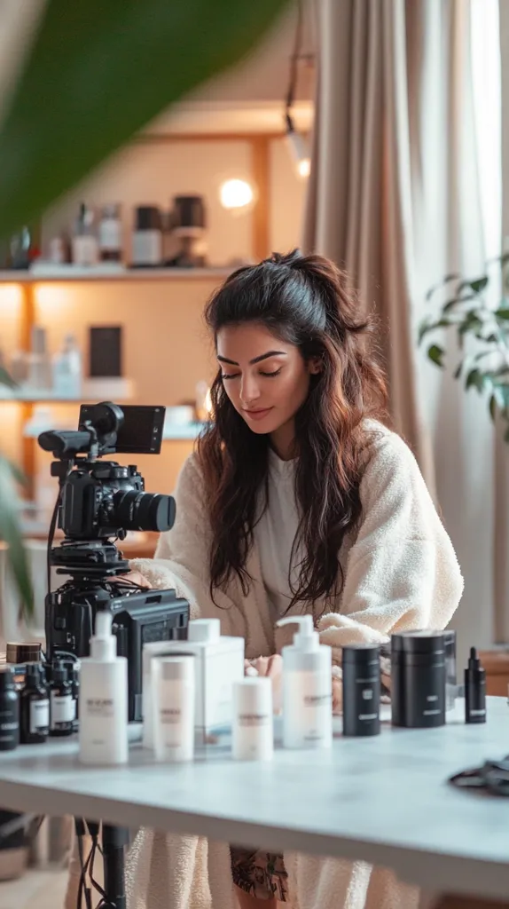 A young woman with long brown hair is sitting at a table in front of a camera, looking at the lens. She is wearing a white fuzzy sweater. There are many beauty products in front of her, and she is likely filming a product review video. The background is blurred, and there is a plant on the right side of the image.