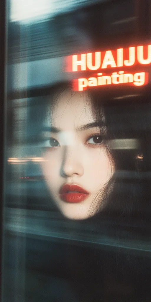 A young woman with dark hair looks intensely out of a window, her face framed by a red neon sign for "Huaiju painting." The light reflects in her eyes, casting shadows across her face. The image is blurred and distorted, creating a sense of mystery and intrigue.