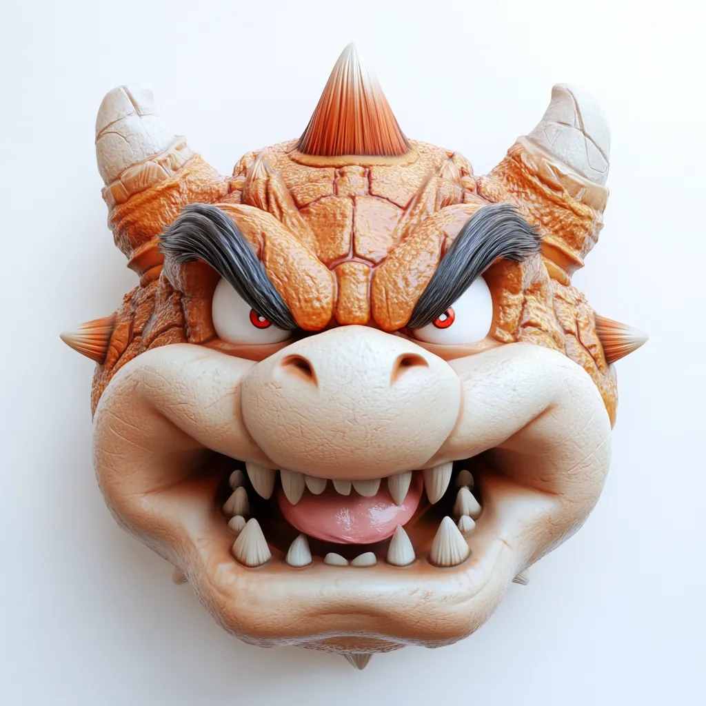 A 3D model of a Bowser head from the Super Mario franchise. It has a fierce expression with sharp teeth, a wide open mouth, and angry red eyes. The head is mostly brown with orange spikes. It is made of a textured material that resembles scales.  The image is taken from a slightly angled perspective.