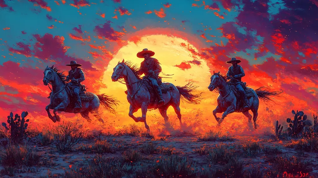 Three cowboys, silhouetted against a fiery sunset, ride their horses across a vast, arid landscape. The sky is ablaze with vibrant hues of orange, pink, and blue, while the ground is covered in short, sparse vegetation. The cowboys' hats and coats are visible, creating a dramatic contrast against the bright sky.  They seem to be riding away from a large, orange moon, creating a sense of mystery and adventure.