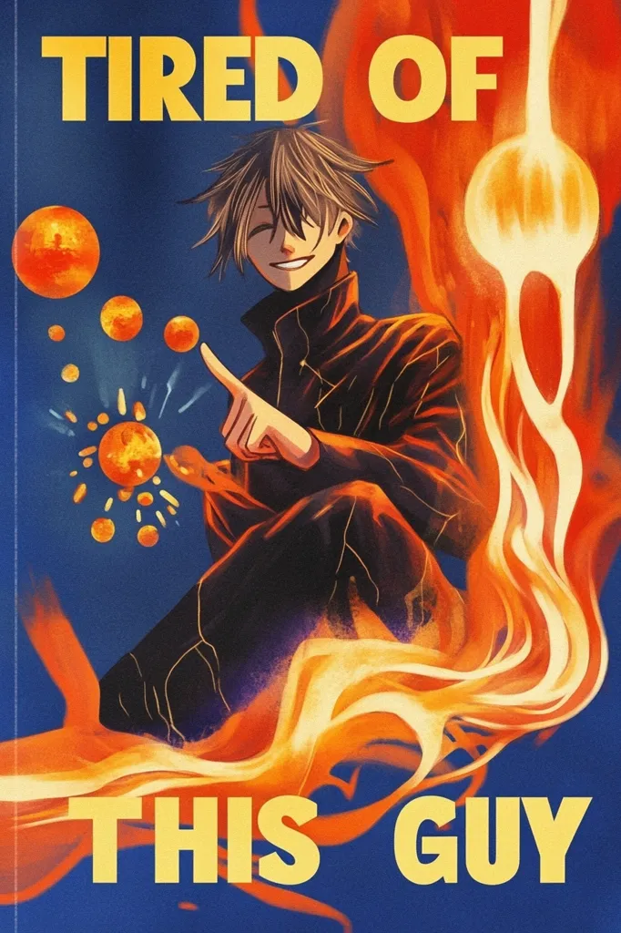 The image is a poster with the words "Tired of this guy" in bold yellow letters on a blue background. A young man with black hair and a sly grin is sitting with his legs crossed, his right hand pointing towards the viewer. Behind him is a fiery orange background and several yellow orbs resembling fire, creating a dramatic and playful vibe. The overall aesthetic is reminiscent of an anime or manga style.